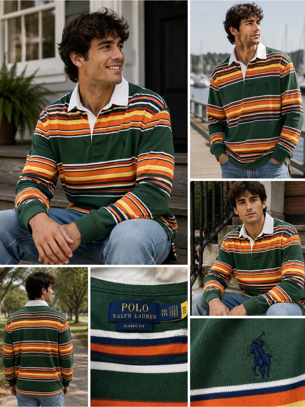 Polo by Ralph Lauren Green, Orange and Yellow Striped Rugby Shirt